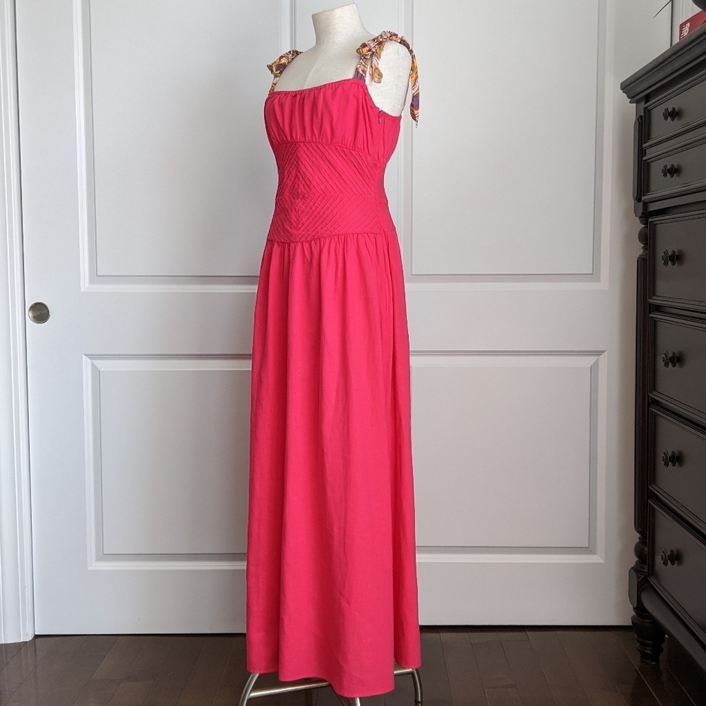 Free People Dress Maxi Multicolor Tie Straps Sleeveless Linen Hot Pink 10 NWT